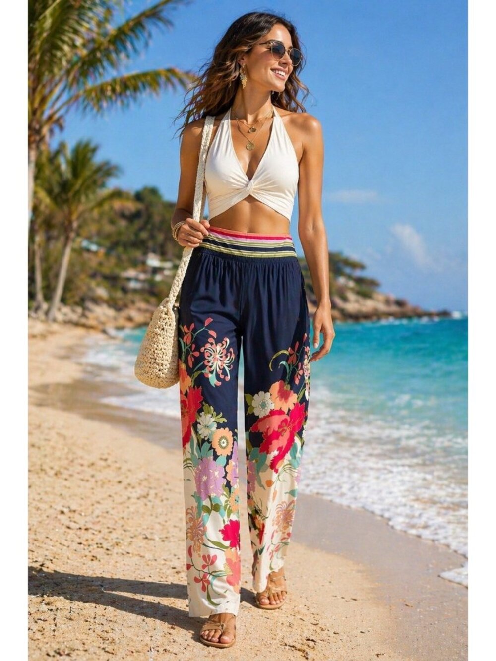 Trina Turk Royal Botanical Print Wide Leg Pants Swim Cover Up SZ M Beach Resort